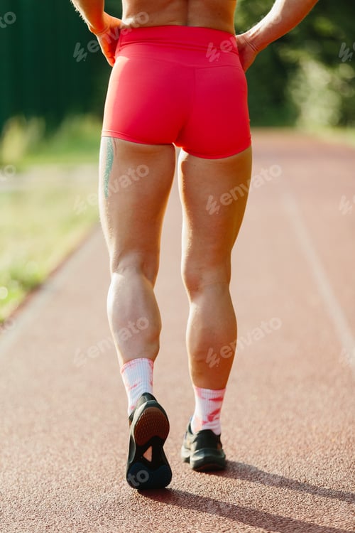 Preview: Athletic woman standing on track preparing for exercise