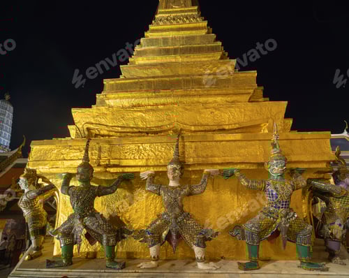Preview: Golden pagoda at Temple of the Emerald Buddha in Bangkok, Thailand. Wat Phra Kaew and Grand palace