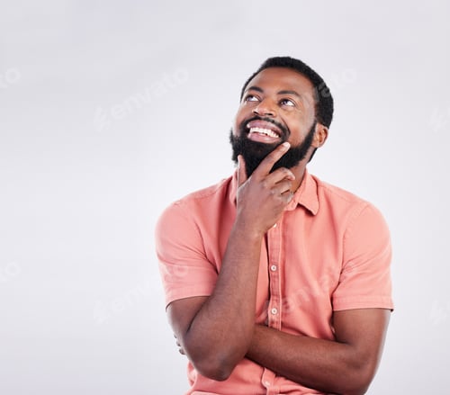 Preview: Thinking, mockup space and face of black man with hand gesture for brainstorming, ideas and thought