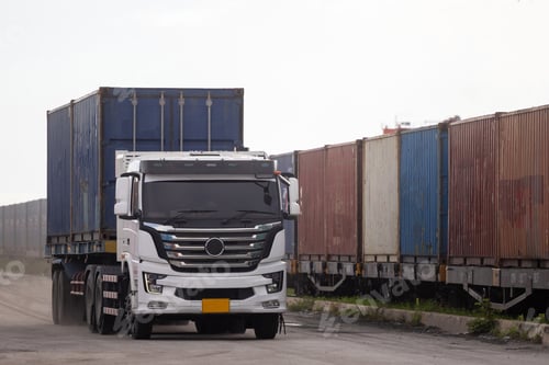 Preview: Freight car trailer with cargo container and freight train with cargo containers background