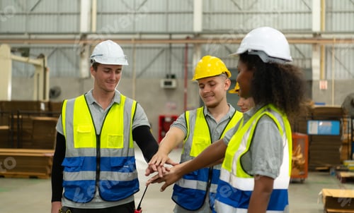 Preview: Front view of a diverse group of warehouse workers holding hands to encourage each other