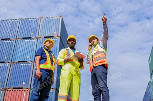 Preview: 3 engineer working in container storage yard use digital tablet check quantity prepare to delivery