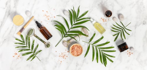 Preview: Natural SPA cosmetic products background, Composition with bottles of essential oils, sea salt and m