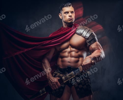 Preview: Brutal ancient Greece warrior with a muscular body in battle uniforms