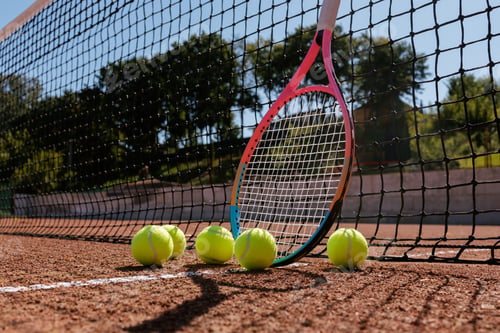 Preview: Tennis racket leaning on net with balls on clay court in summer sunlight