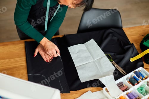 Preview: Top view Step by step, Woman dressmaker making sewing patterns