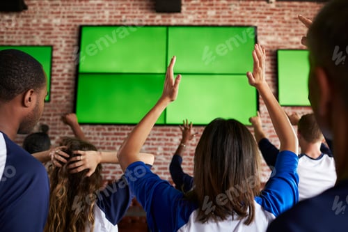 Preview: Rear View Of Disappointed Friends Watching Game In Sport Bar