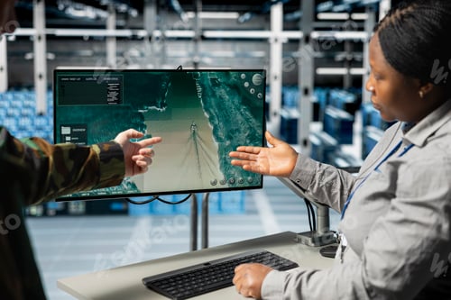 Preview: Team of military engineers in data center tracking satellite coordinates