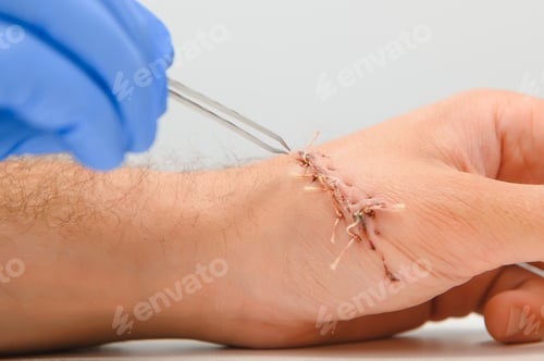 Preview: wound hand, suturing the wound. The type of cut after surgery.