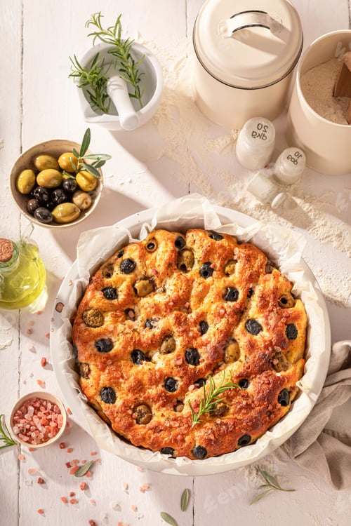 Preview: Homemade focaccia with olive oil and olives.