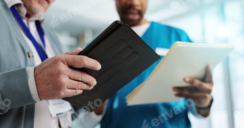 Preview: Healthcare, nurse and hands with documents, collaboration and professional with records and clinic.