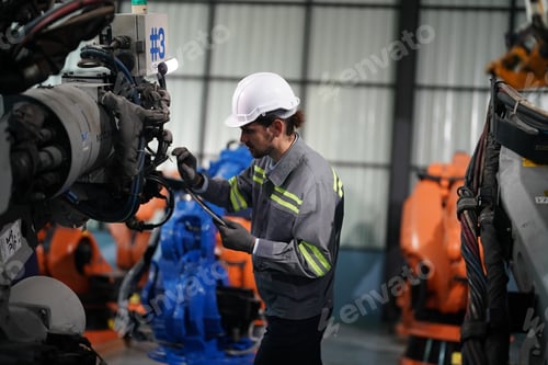 Preview: Robotics engineer working on maintenance of robotic arm in factory warehouse. Business technology.