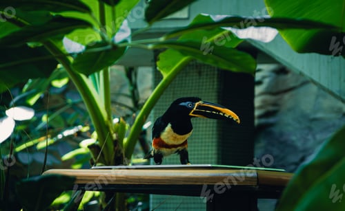 Preview: Beautiful colorful exotic bird in a zoo exotarium against a background of tropical plants