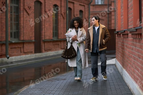 Preview: Young Adult Multiethnic Couple Walking Together and Smiling during Date