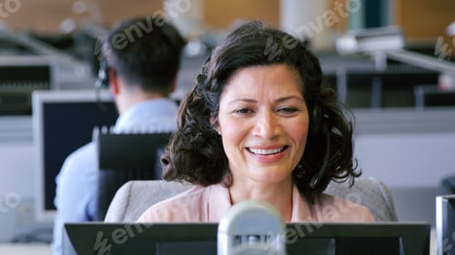 Preview: Mature Businesswoman Wearing Telephone Headset Working In Customer Services Department