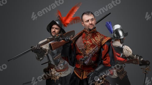 Preview: Brave conquistador with two soldiers against gray background