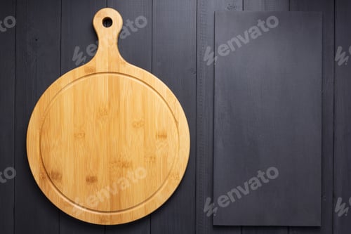 Preview: pizza cutting board at rustic wooden plank background