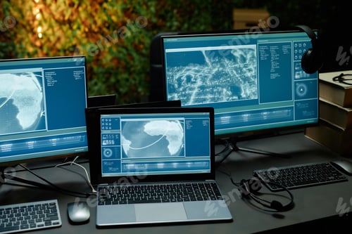 Preview: Two computer monitors and laptop with information from cameras on screens