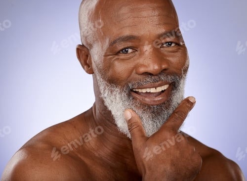 Preview: Portrait, skincare and black man with smile, wellness and natural beauty on studio background. Cosm