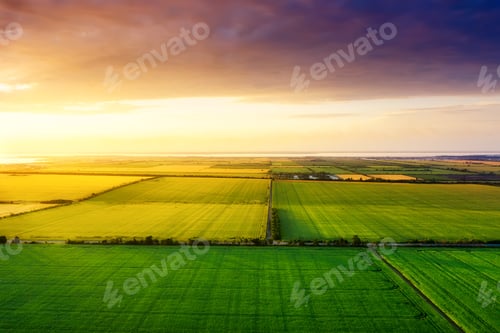 Preview: Field and sky during sundown. Landscape from air