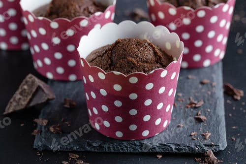 Preview: Chocolate Cupcakes on Black Slate Board with Polka Dots