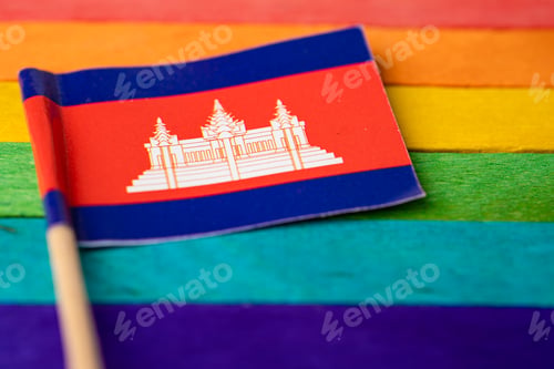 Preview: Cambodia flag on rainbow background symbol of LGBT gay pride month social movement rainbow flag