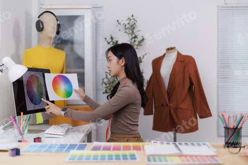 Preview: Fashion designer comparing color palettes on computer and paper in her studio
