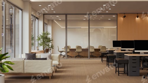 Preview: 3D rendered modern office with rows of workstations, chairs, and glass partition meeting rooms