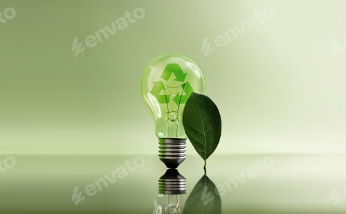 Preview: Green light bulb with leaf elements. Clean energy, sustainability, green innovation