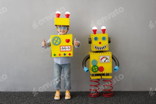 Preview: Happy child with robot have an idea