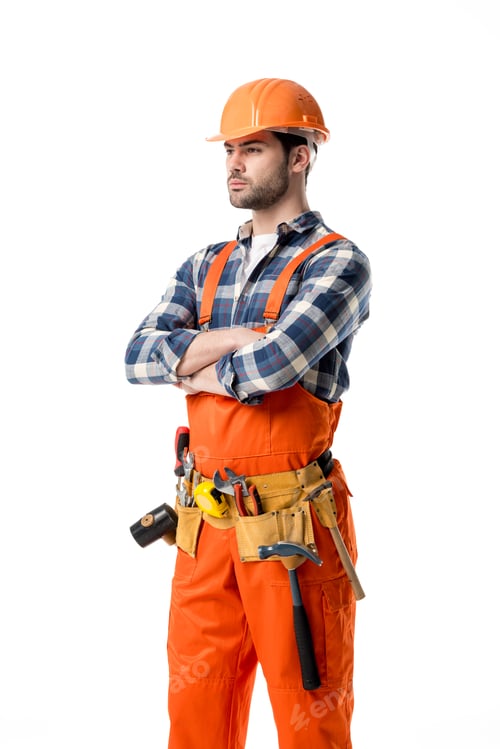 Preview: Confident repairman in orange overall and tool belt isolated on white