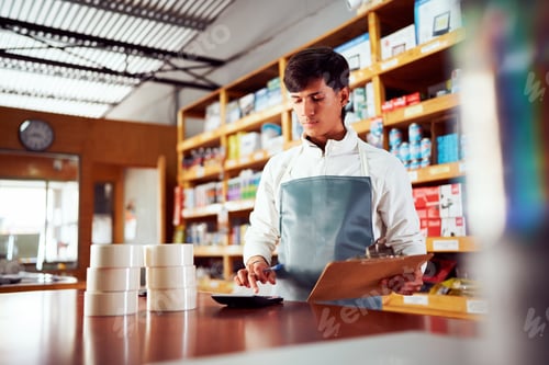 Preview: Salesman calculating inventory using calculator and clipboard in hardware store