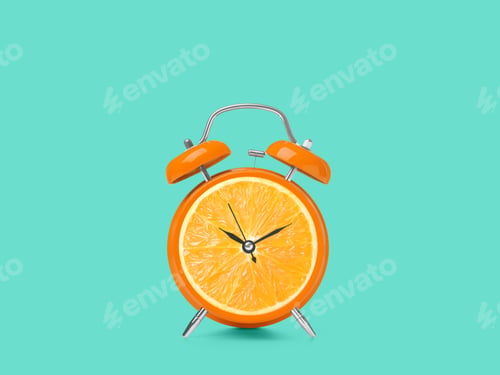 Preview: Juicy orange on alarm clock dial against turquoise background. Creative poster