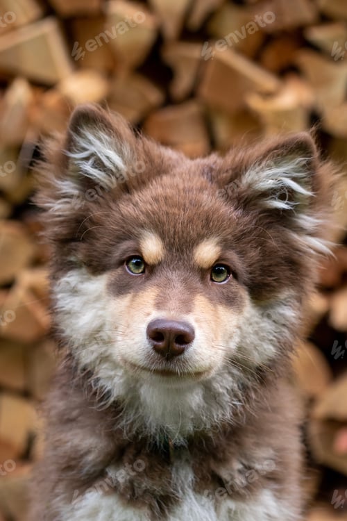 Preview: Portrait of a young Finnish Lapphund dog and puppy outdoors