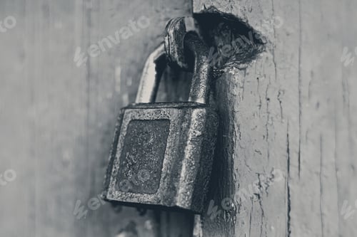 Preview: old iron padlock on locked closed door