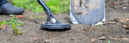 Preview: coil electronic metal detector device for search a treasure and the foots of a man on ground