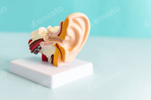 Preview: Anatomical model of the ear in the blue background.