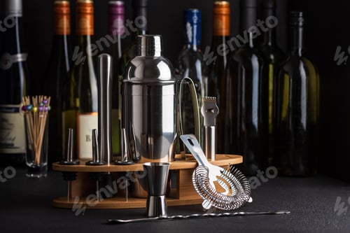 Preview: Professional cocktail bar composition featuring a stainless steel accesories