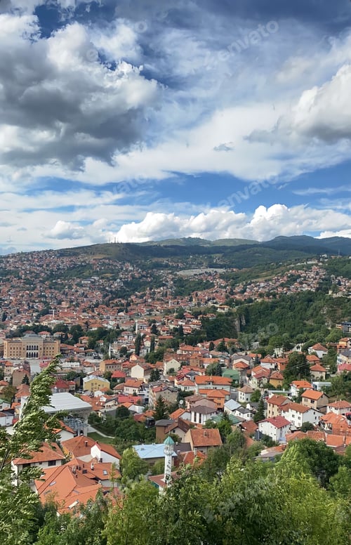 Preview: View on village. Houses with red roofs