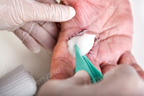 Preview: Doctor cleaning wound dressing care, Hand surgery treatment, Trigger finger stiffness painful