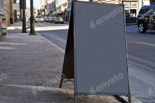 Preview: Blank chalkboard mock up sign on sidewalk in city or town