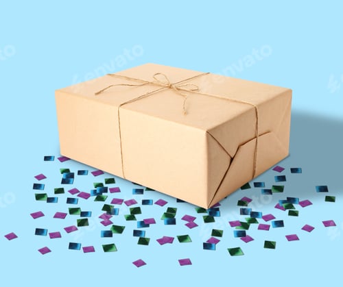 Preview: Holiday delivery. Box and confetti on light blue background