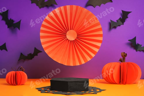 Preview: Product Display halloween decor party holiday studio set up in orange and violet color background