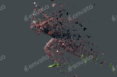 Preview: Pixelated Design Of Woman Sprinter Leaving Starting Blocks On The Athletic Track. Side View