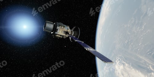 Preview: Satellite flying over the Earth atmosphere in Space. 3d Rendering
