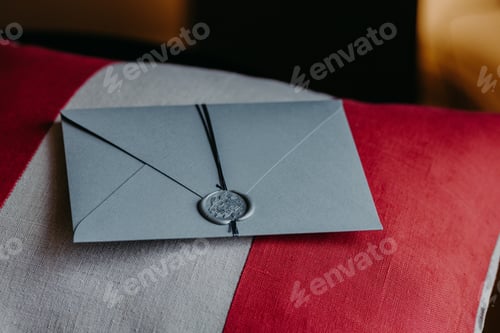 Preview: Grey invitation card for wedding or special occasion on red and white pillow