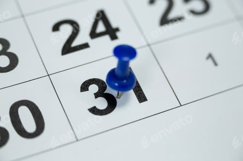 Preview: Blue pin push on day 31st of month end on white calendar