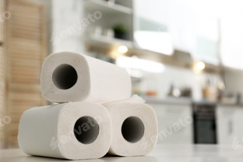 Preview: Rolls of paper towels on table in kitchen, space for text