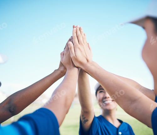 Preview: Sports hands, high five celebration and baseball team building for motivation, match winner or comp