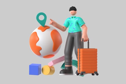 Adventurer with world map and suitcase